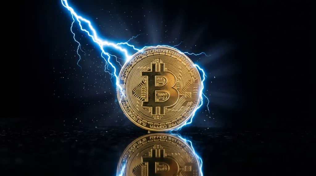 Rayo de luz dorado cruzando una moneda de Bitcoin sobre fondo oscuro