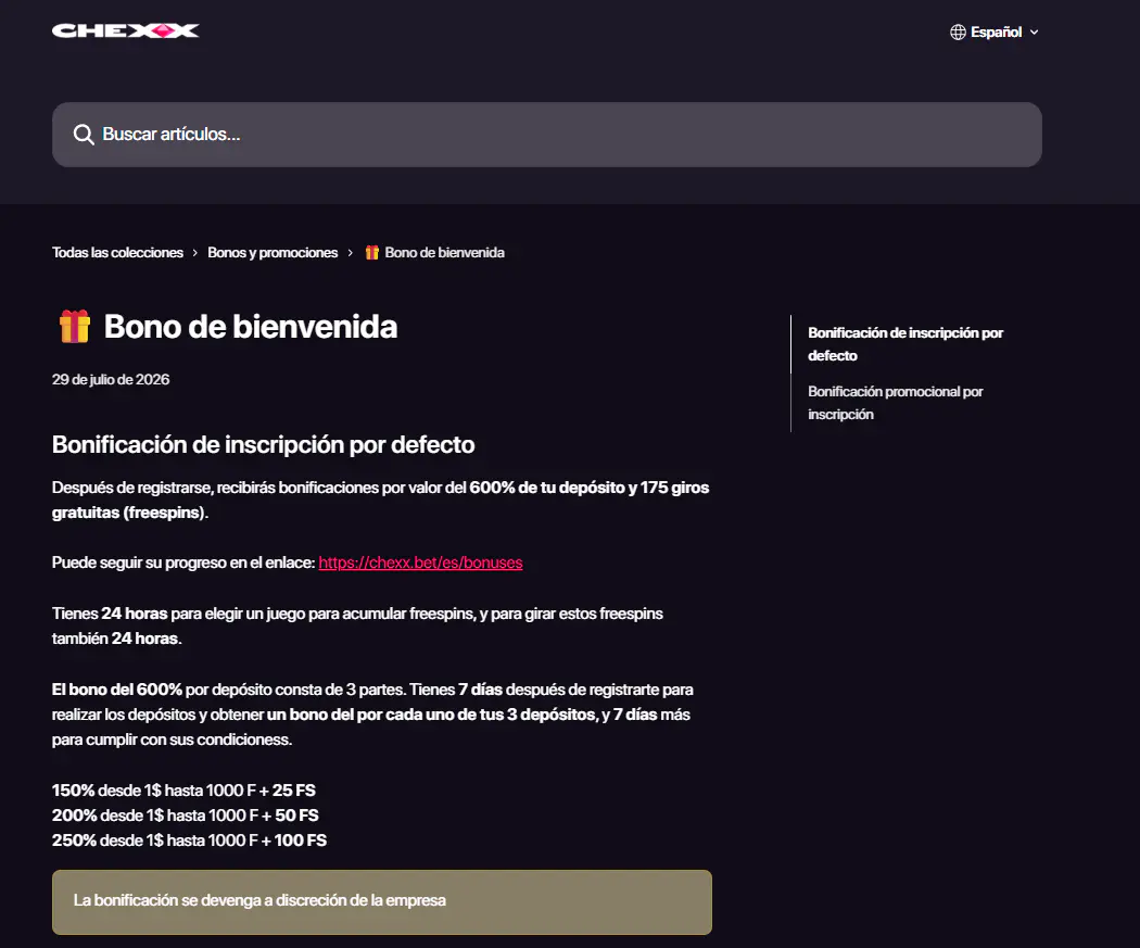 Tres niveles del bono CHEXX con porcentajes y giros gratis
