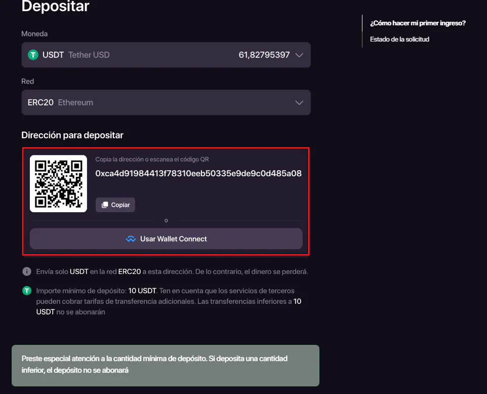Selector CHEXX de criptomoneda red y dirección para realizar depósitos