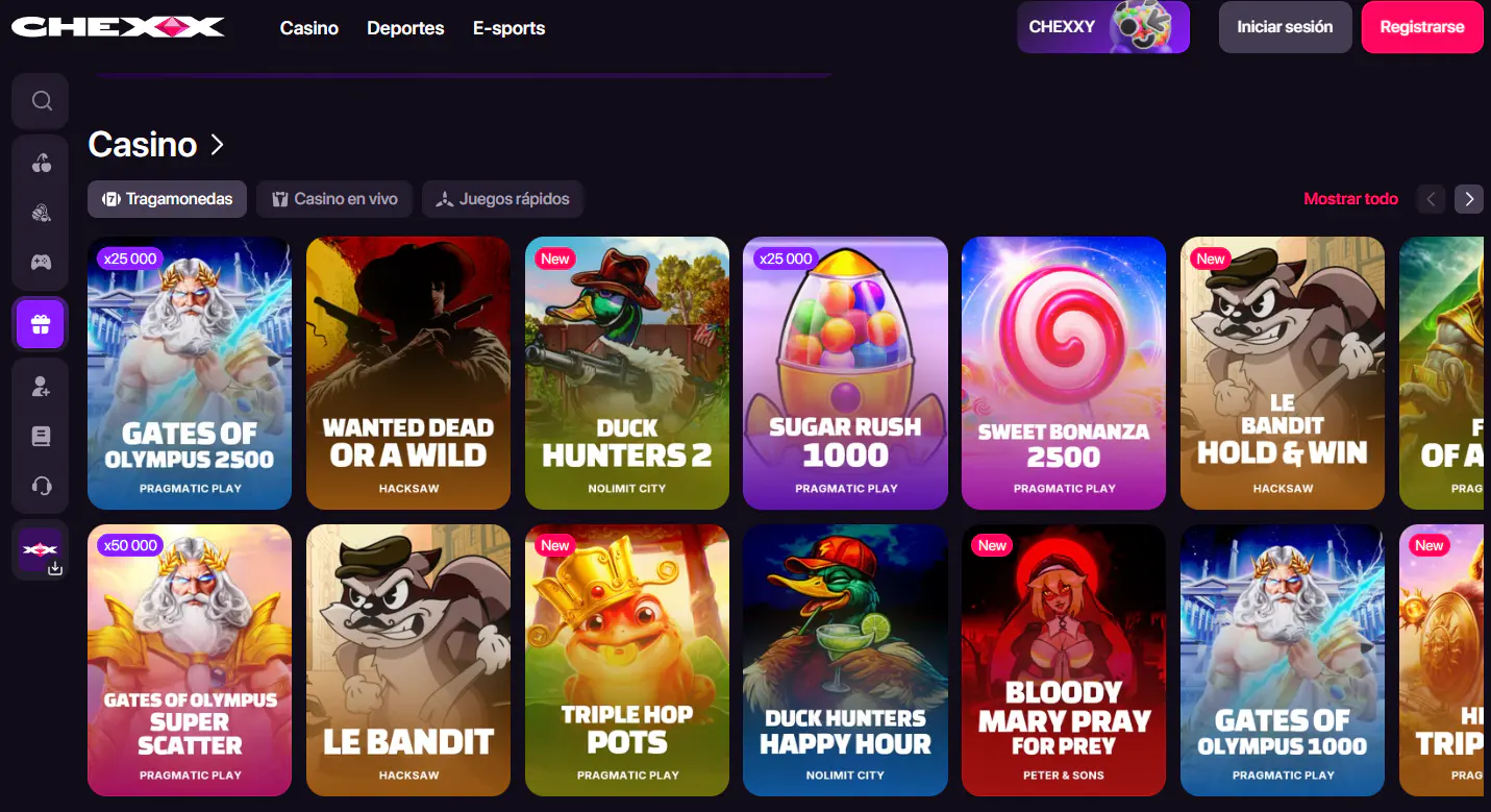Lobby CHEXX con categorías filtros y cuadrícula amplia de juegos