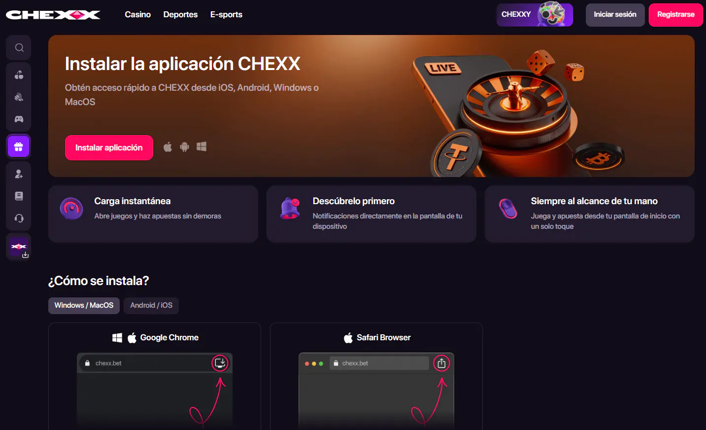 Página CHEXX con instalación PWA para cuatro plataformas compatibles