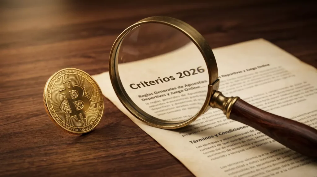 Lupa sobre documento con moneda física de Bitcoin dorada al lado