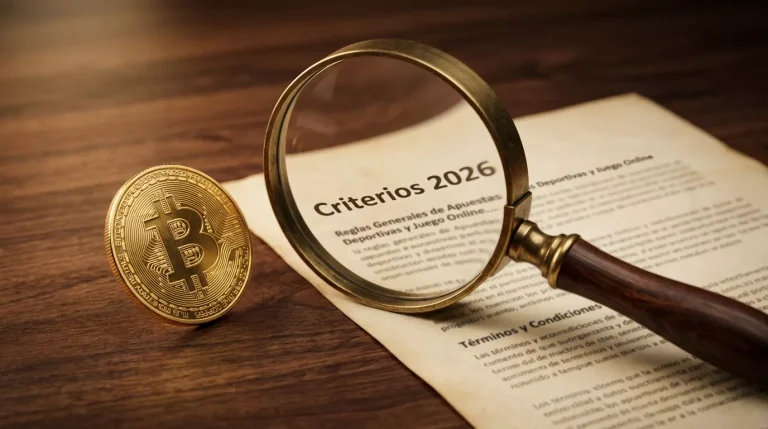 Lupa sobre documento con moneda física de Bitcoin dorada al lado