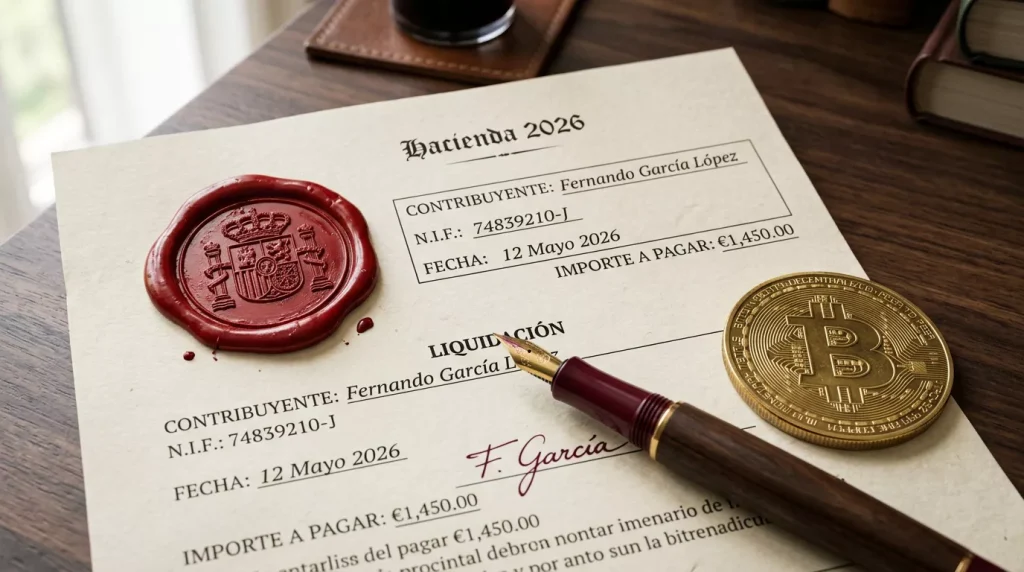 Sello oficial español sobre documento fiscal con moneda de Bitcoin al lado