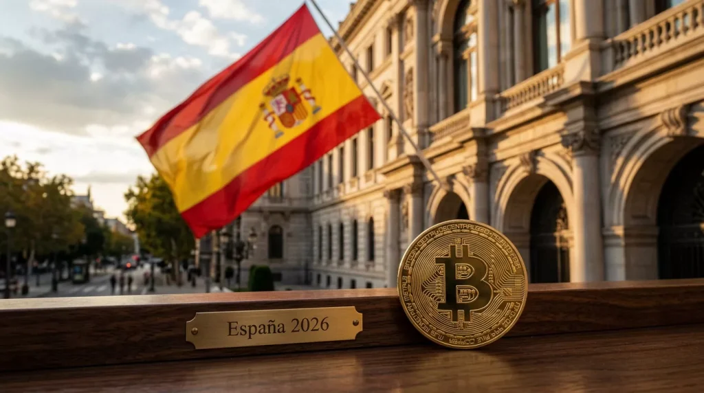 Bandera española ondeando sobre edificio regulatorio con símbolo de Bitcoin