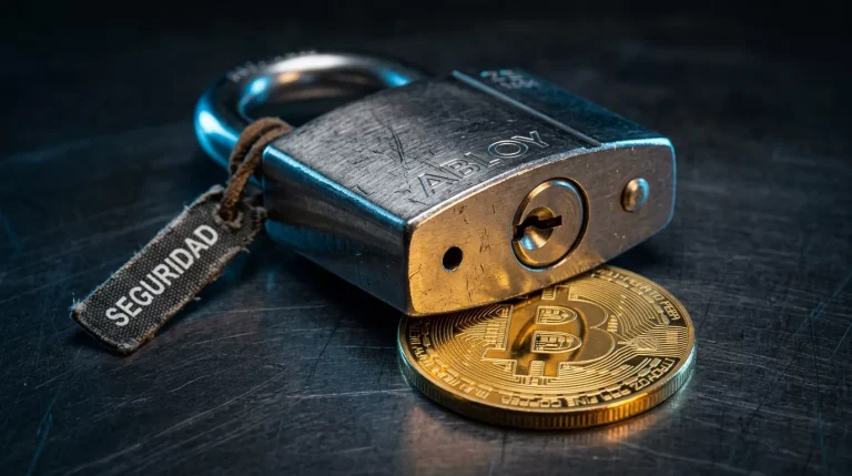 Candado metálico cerrado sobre moneda física de Bitcoin con fondo oscuro